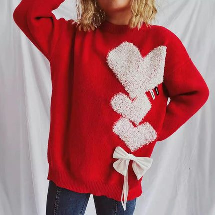 Women's Love Jacquard Loose Cute Bow Knitted Sweater Long Sleeve Pullover