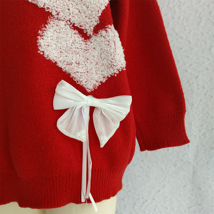 Women's Love Jacquard Loose Cute Bow Knitted Sweater Long Sleeve Pullover