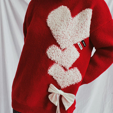 Women's Love Jacquard Loose Cute Bow Knitted Sweater Long Sleeve Pullover