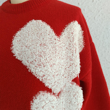 Women's Love Jacquard Loose Cute Bow Knitted Sweater Long Sleeve Pullover