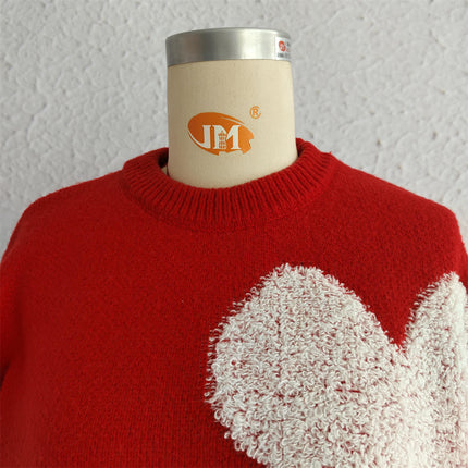 Women's Love Jacquard Loose Cute Bow Knitted Sweater Long Sleeve Pullover