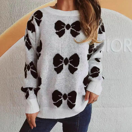 Women's Long-Sleeved Large Size Bow Print Sweater Loose Pullover Sweater