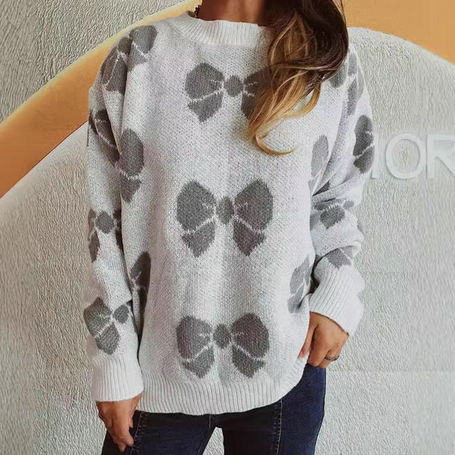 Women's Long-Sleeved Large Size Bow Print Sweater Loose Pullover Sweater