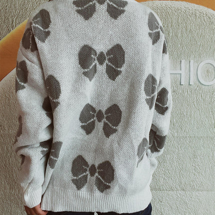 Women's Long-Sleeved Large Size Bow Print Sweater Loose Pullover Sweater