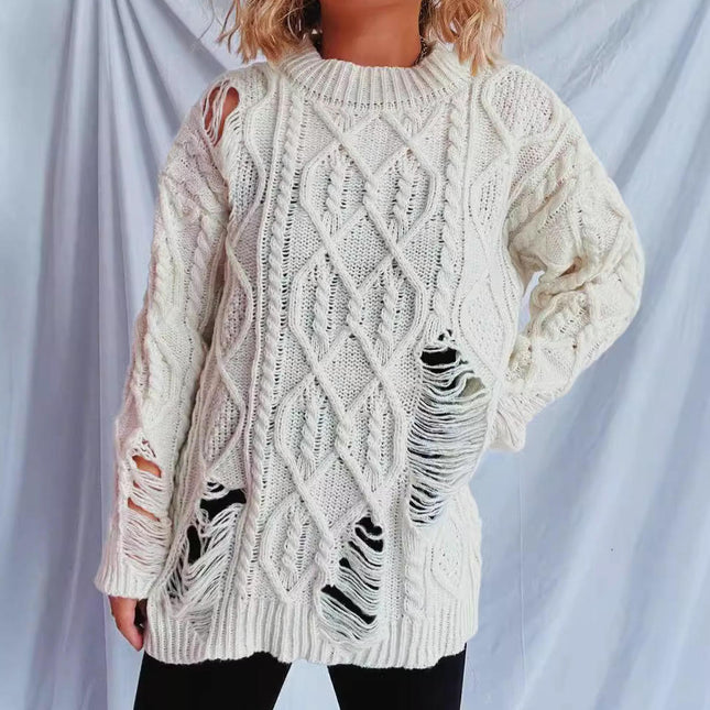 Women's Solid Color Hole Cable Knit Sweater Loose Long Sleeve Pullover Sweater
