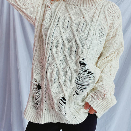 Women's Solid Color Hole Cable Knit Sweater Loose Long Sleeve Pullover Sweater