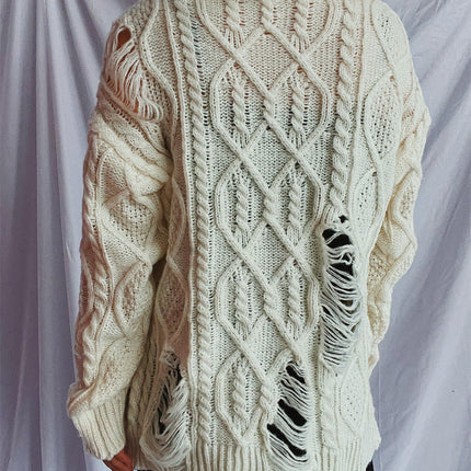 Women's Solid Color Hole Cable Knit Sweater Loose Long Sleeve Pullover Sweater