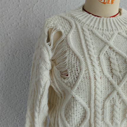 Women's Solid Color Hole Cable Knit Sweater Loose Long Sleeve Pullover Sweater