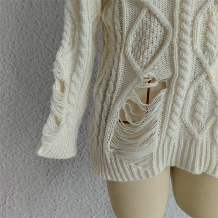 Women's Solid Color Hole Cable Knit Sweater Loose Long Sleeve Pullover Sweater