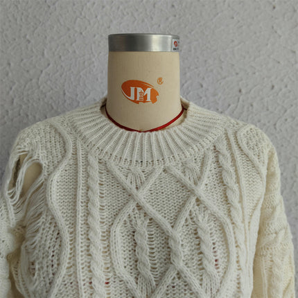 Women's Solid Color Hole Cable Knit Sweater Loose Long Sleeve Pullover Sweater