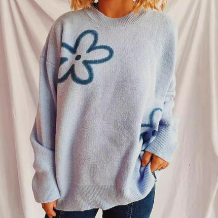 Women's Flower Printed Sweater Loose Fashion Casual Round Neck Knitted Top