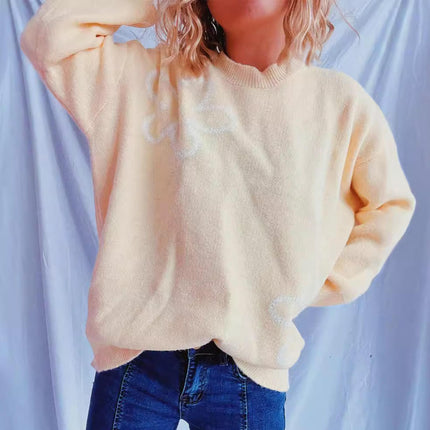 Women's Flower Printed Sweater Loose Fashion Casual Round Neck Knitted Top