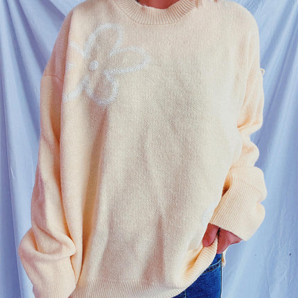 Women's Flower Printed Sweater Loose Fashion Casual Round Neck Knitted Top