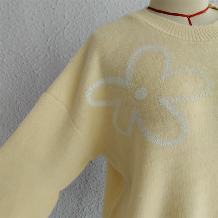 Women's Flower Printed Sweater Loose Fashion Casual Round Neck Knitted Top