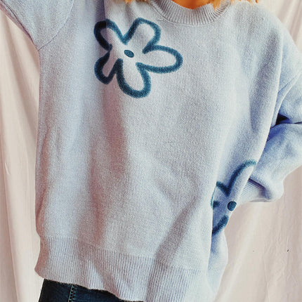 Women's Flower Printed Sweater Loose Fashion Casual Round Neck Knitted Top
