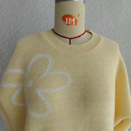 Women's Flower Printed Sweater Loose Fashion Casual Round Neck Knitted Top