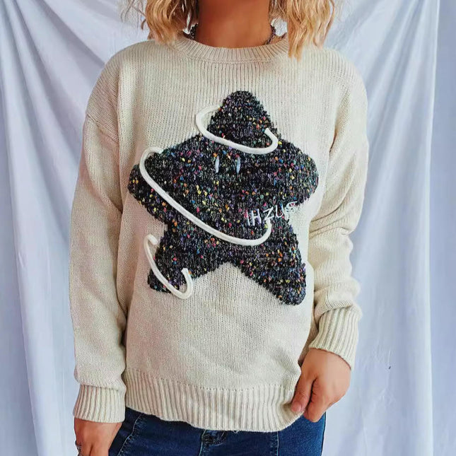 Five-pointed Star Embroidered Sweater Contrast Color Loose Round Neck Sweater