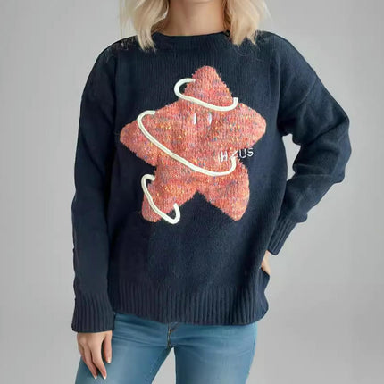 Five-pointed Star Embroidered Sweater Contrast Color Loose Round Neck Sweater