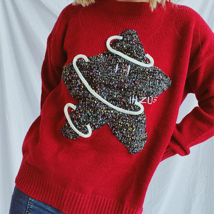Five-pointed Star Embroidered Sweater Contrast Color Loose Round Neck Sweater