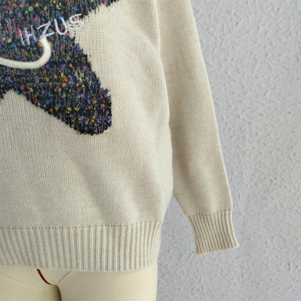 Five-pointed Star Embroidered Sweater Contrast Color Loose Round Neck Sweater