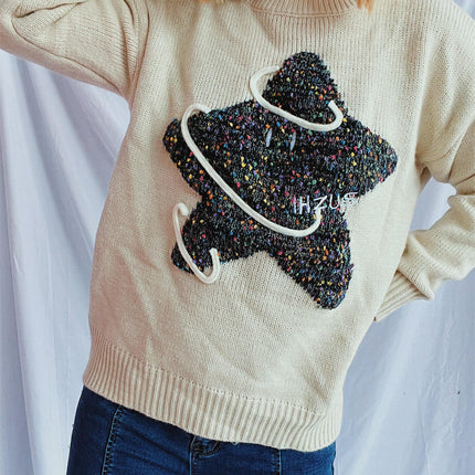 Five-pointed Star Embroidered Sweater Contrast Color Loose Round Neck Sweater