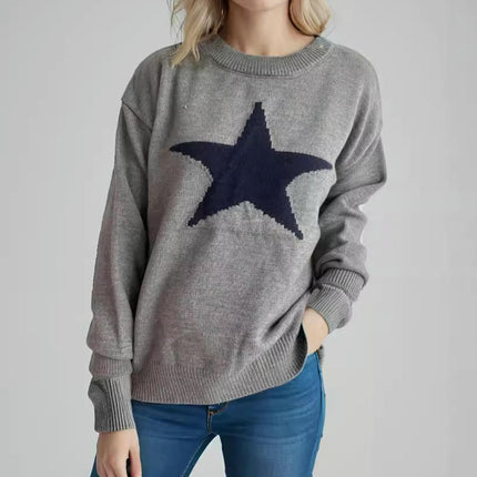 Women's Knit Sweater Pullover - Long Sleeve Round Neck Star Pattern Casual Knit Top