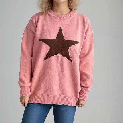 Women's Knit Sweater Pullover - Long Sleeve Round Neck Star Pattern Casual Knit Top