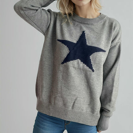 Women's Knit Sweater Pullover - Long Sleeve Round Neck Star Pattern Casual Knit Top