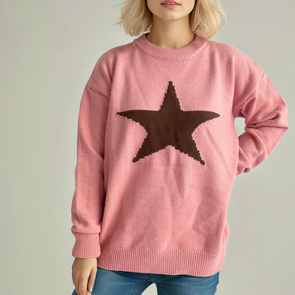 Women's Knit Sweater Pullover - Long Sleeve Round Neck Star Pattern Casual Knit Top