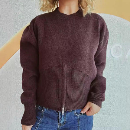 Women's Long Sleeve Round Neck Pullover Sweater Zipper Stylish Waist Knitted Top