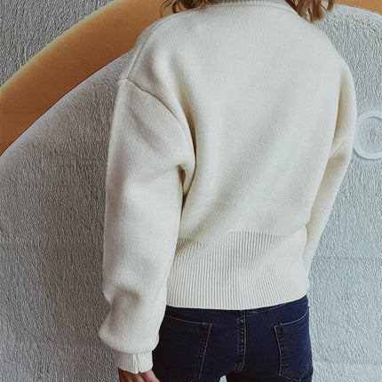 Women's Long Sleeve Round Neck Pullover Sweater Zipper Stylish Waist Knitted Top