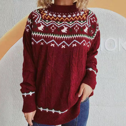 Round Neck Loose Pullover Casual Knitted Sweater Women's Cable Knit Christmas Sweater