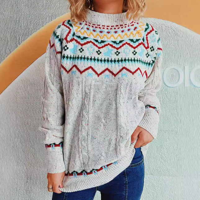 Round Neck Loose Pullover Casual Knitted Sweater Women's Cable Knit Christmas Sweater