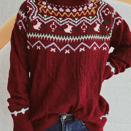 Round Neck Loose Pullover Casual Knitted Sweater Women's Cable Knit Christmas Sweater