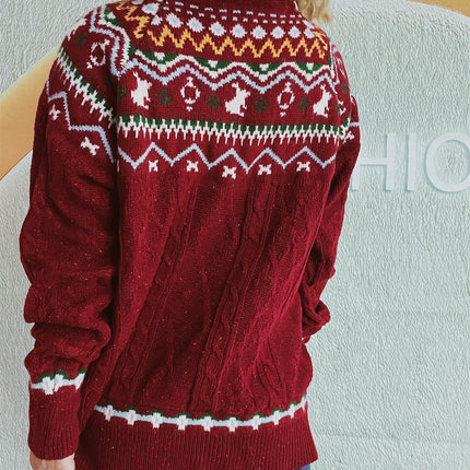 Round Neck Loose Pullover Casual Knitted Sweater Women's Cable Knit Christmas Sweater