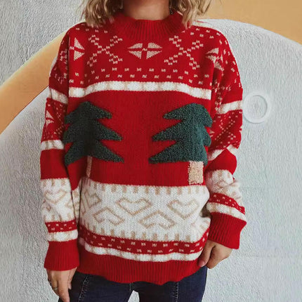 Christmas Tree Sweater Women's Casual Contrast Color Pullover Long Sleeve Loose Sweater