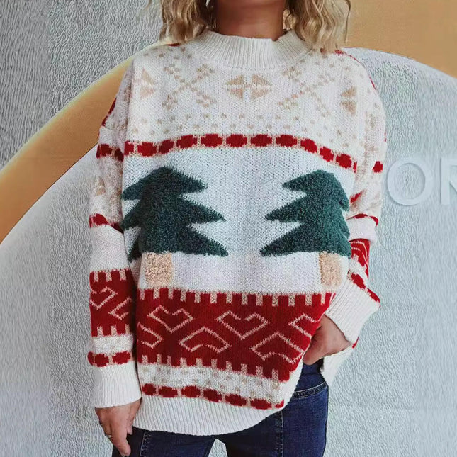 Christmas Tree Sweater Women's Casual Contrast Color Pullover Long Sleeve Loose Sweater