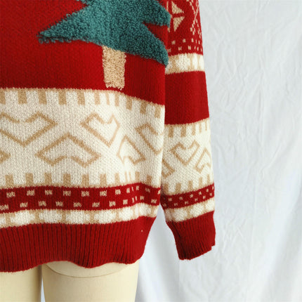 Christmas Tree Sweater Women's Casual Contrast Color Pullover Long Sleeve Loose Sweater