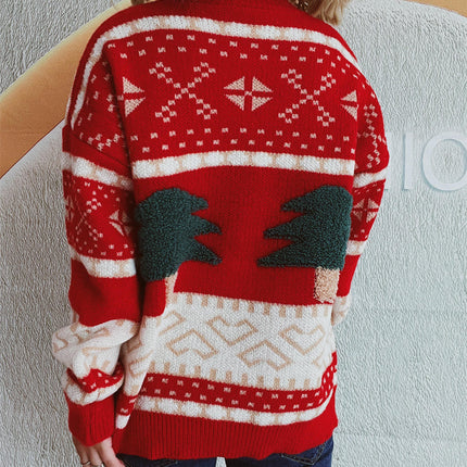 Christmas Tree Sweater Women's Casual Contrast Color Pullover Long Sleeve Loose Sweater