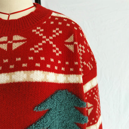 Christmas Tree Sweater Women's Casual Contrast Color Pullover Long Sleeve Loose Sweater