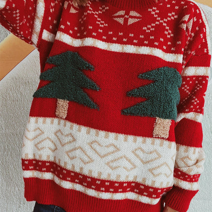 Christmas Tree Sweater Women's Casual Contrast Color Pullover Long Sleeve Loose Sweater