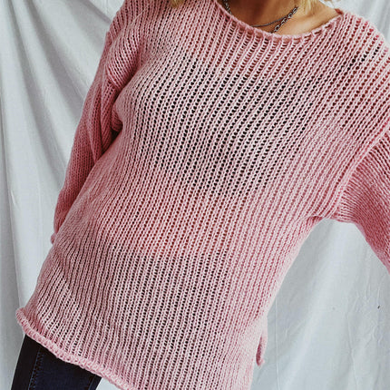Women's Autumn Solid Color Simple Pullover Sweater Loose Round Neck Thin Knitted Sweater