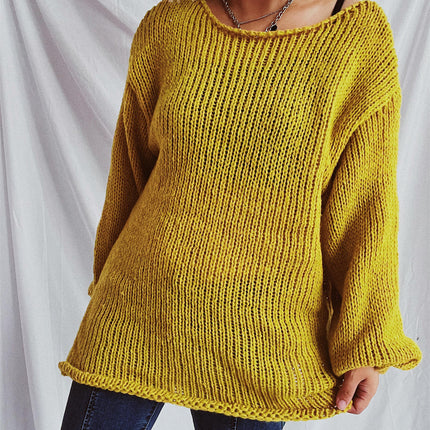 Women's Autumn Solid Color Simple Pullover Sweater Loose Round Neck Thin Knitted Sweater
