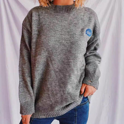 Women's Back Cartoon Character Embroidered Sweater Round Neck Long Sleeve Loose Knit Top