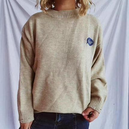 Women's Back Cartoon Character Embroidered Sweater Round Neck Long Sleeve Loose Knit Top