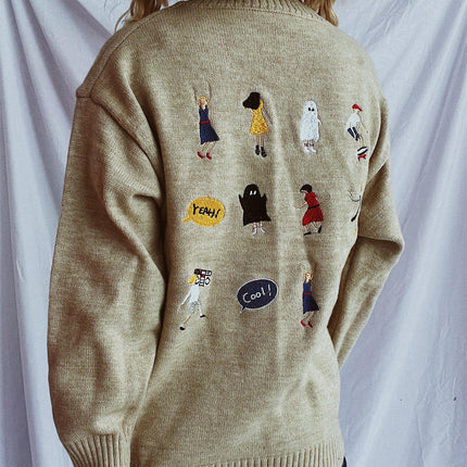 Women's Back Cartoon Character Embroidered Sweater Round Neck Long Sleeve Loose Knit Top
