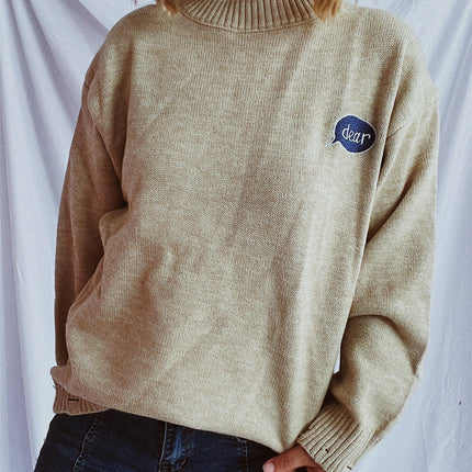 Women's Back Cartoon Character Embroidered Sweater Round Neck Long Sleeve Loose Knit Top