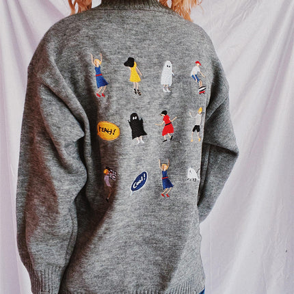 Women's Back Cartoon Character Embroidered Sweater Round Neck Long Sleeve Loose Knit Top