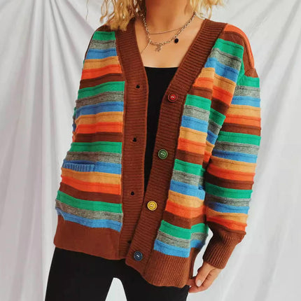 Contrast Stripe Women's Cardigan Autumn Casual Loose Button Knit Sweater