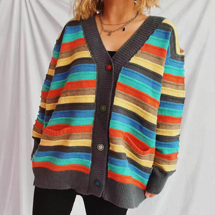 Contrast Stripe Women's Cardigan Autumn Casual Loose Button Knit Sweater